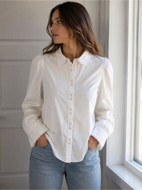 NWT English Factory White Cotton Shirt Crochet Collar Balloon Puff Sleeve M